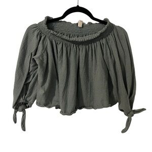 Free People Tunic Off Shoulder Crop Top Green White Strip Tie Sleeve Top Size XS